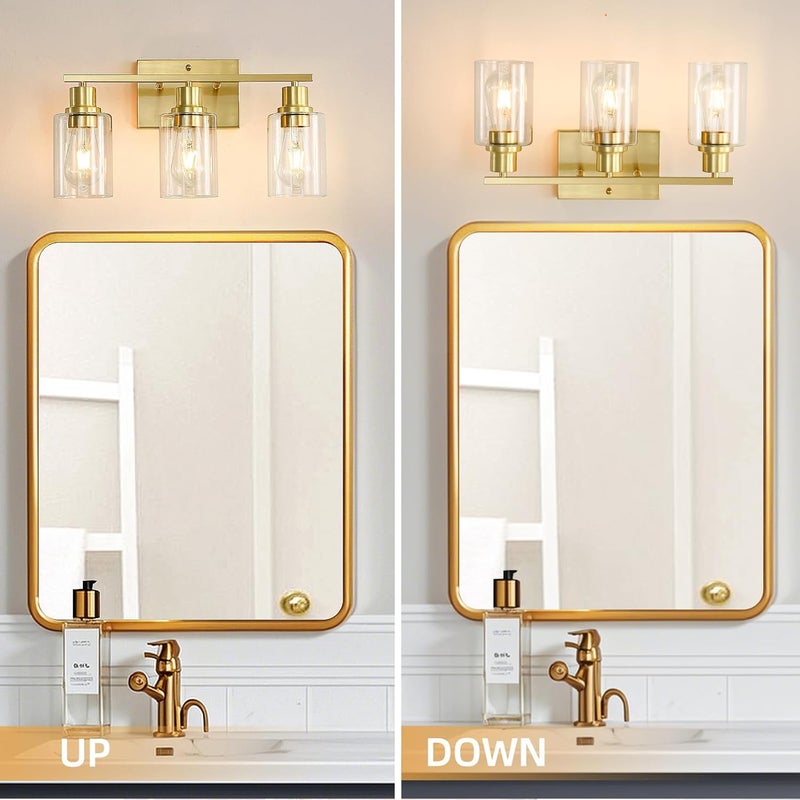 EMONG Gold Bathroom Light Fixtures, 3-Lights Vanity Light with Clear Glass Shade, Brushed Brass Wall Sconce for Hallway, Farmhouse, Living Room - Image 5